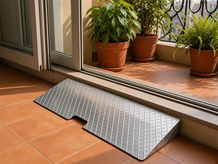 Diamond-plate threshold ramp at a balcony door sill