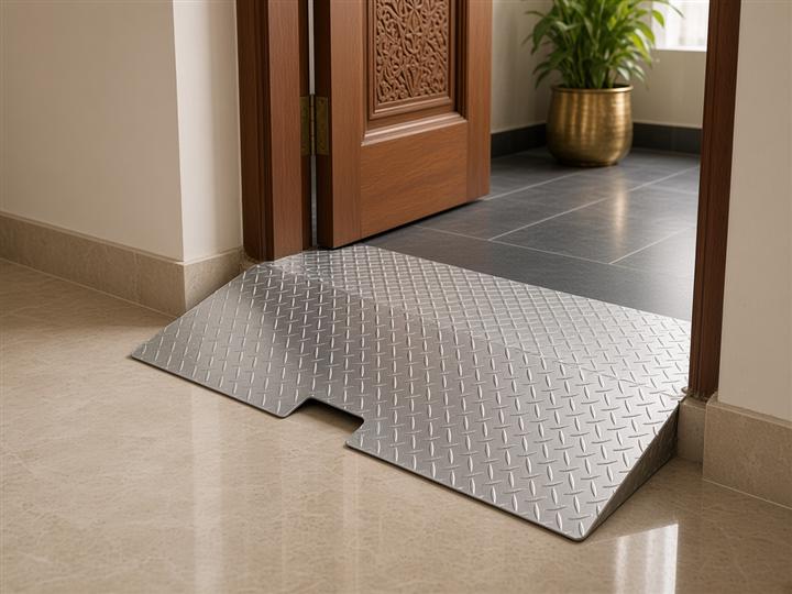 Diamond-plate aluminium threshold ramp at a bathroom doorway